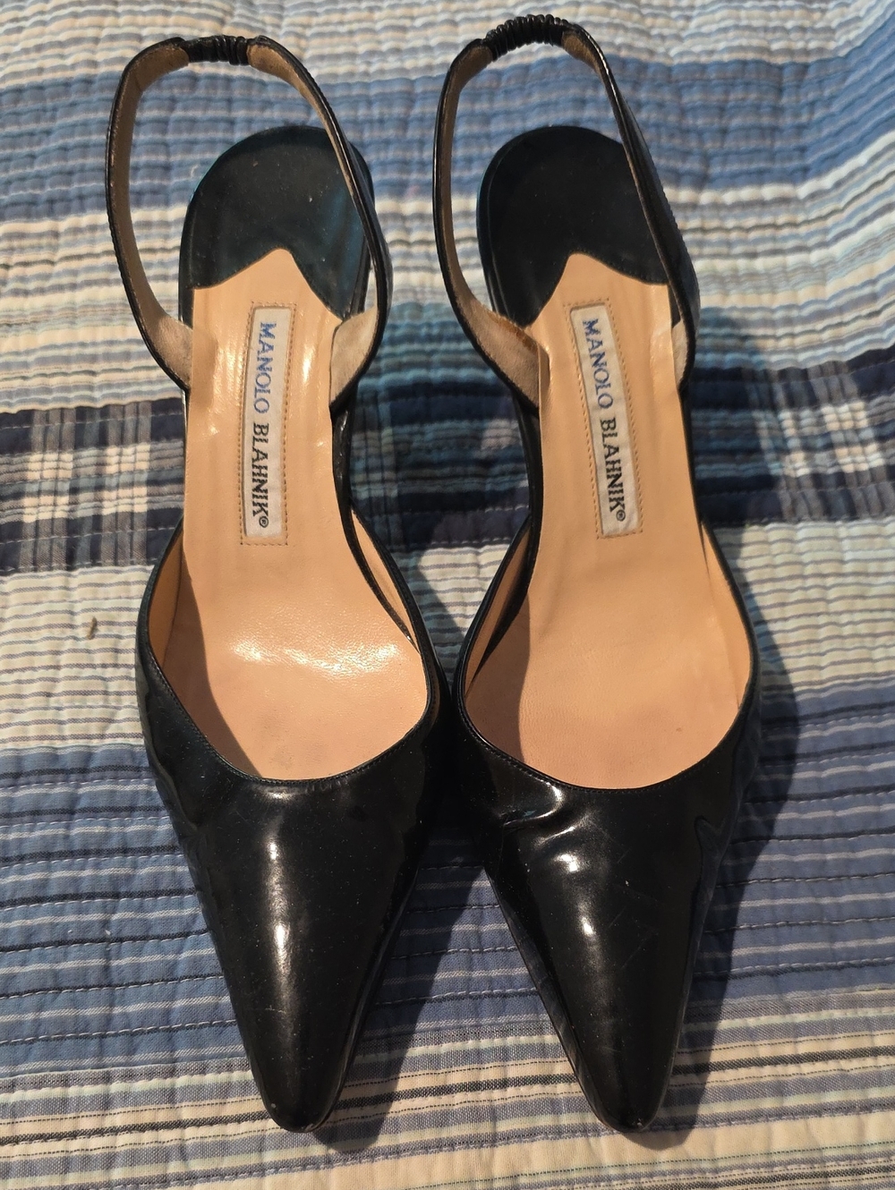 Manolo Blahnik Black Patent Pointed Slingback Heels